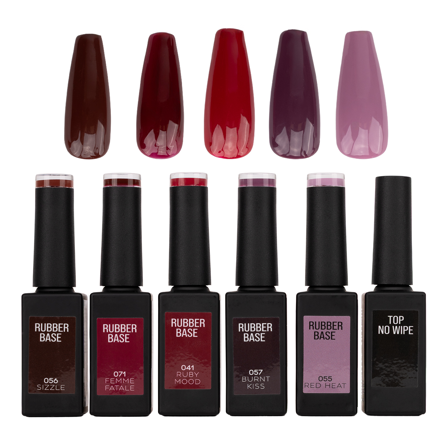 Ημιμόνιμο Rubber Base Burgundy Nights – Σετ 5 τμχ + Δώρο Top No Wipe- μαύρα μπουκαλάκια με νύχια από πάνω στο χρώμα της κάθε αποχρώσης Rubber σε λευκό φόντο