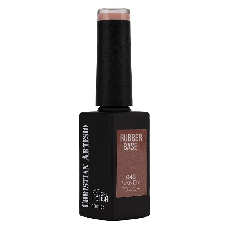 Christian Artesio  Ημιμόνιμο Βερνίκι Νυχιών Rubber Base Sandy Touch No 046 ροζ καφέ 10ml, σε μαύρο μπουκαλάκι στο πλάι σε λευκό φόντο.