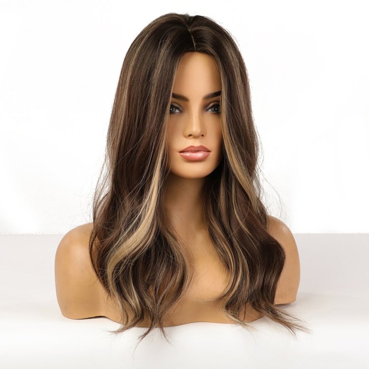 Περούκα Συνθετική Καστανή Με Ξανθές Ανταύγειες Κυματιστή Μακρύ Καρέ
