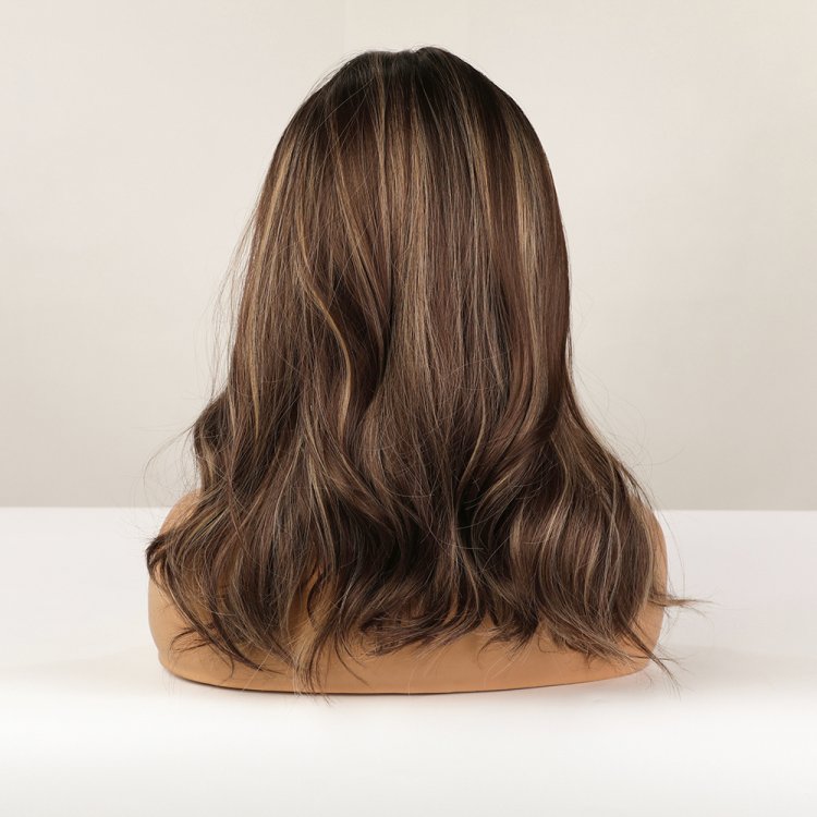Περούκα Συνθετική Καστανή Με Ξανθές Ανταύγειες Κυματιστή Μακρύ Καρέ