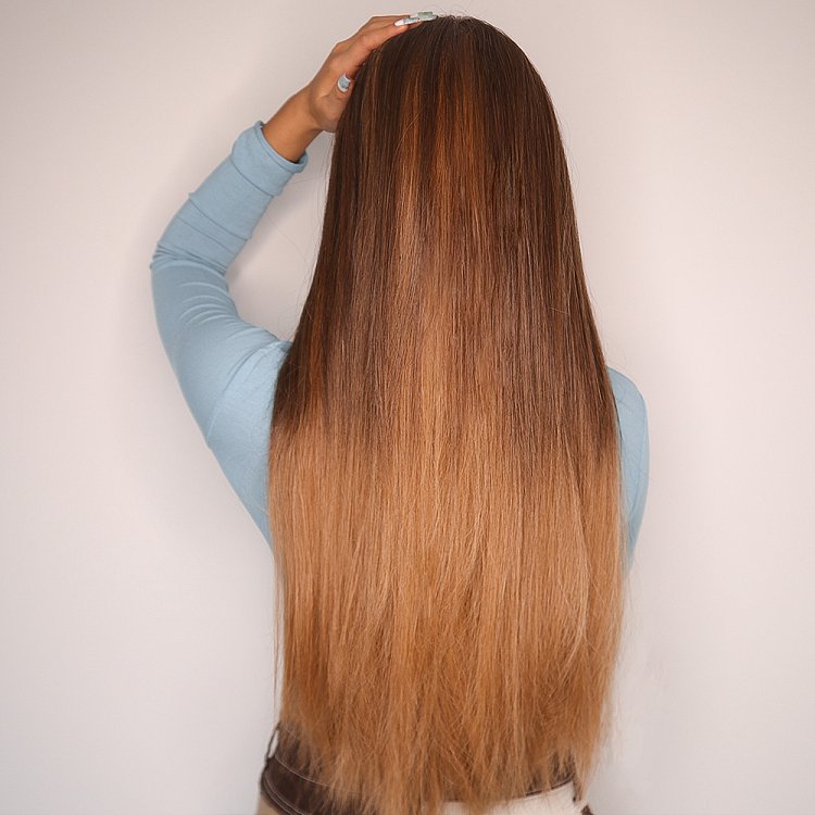 Perucke Synthetisch Braun Ombre Lang Glatt