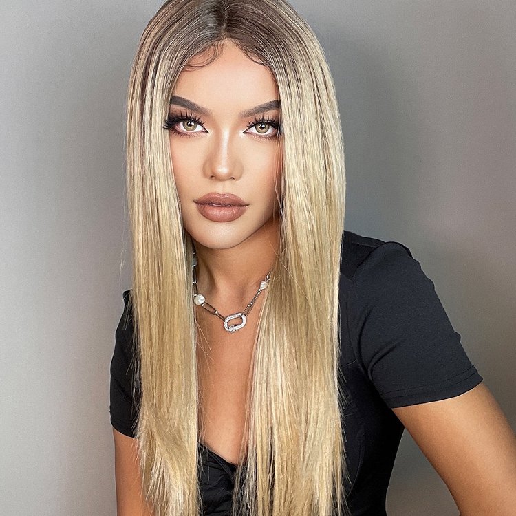Perucke Synthetisch Blond Ombre Lang Glatt
