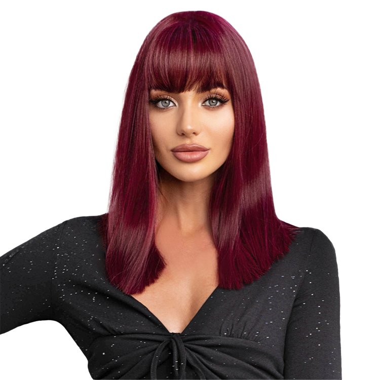 Περούκα Συνθετική Κόκκινο Βουργουνδίας Ίσια Μακρύ Καρέ με Φράντζα
