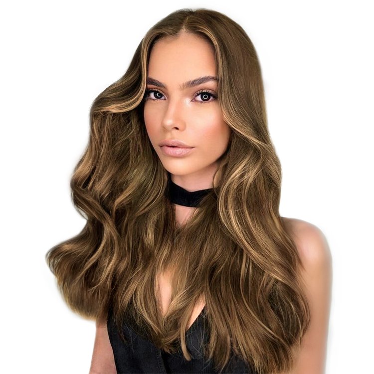 Περούκα Συνθετική Καστανή Μακριά Σγουρή με Ξανθές Ανταύγειες