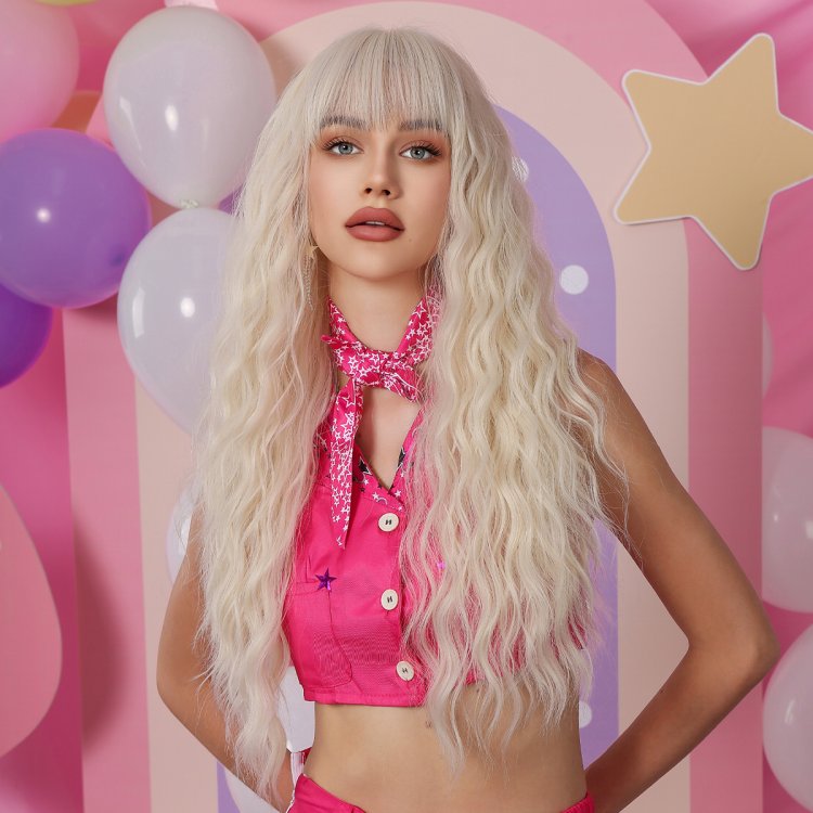 Περούκα Συνθετική Ξανθιά Μακριά Σγουρή με Φράντζα