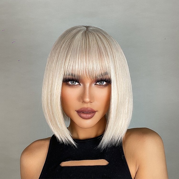 Perucke Synthetisch Blond Glatt Bob mit Pony