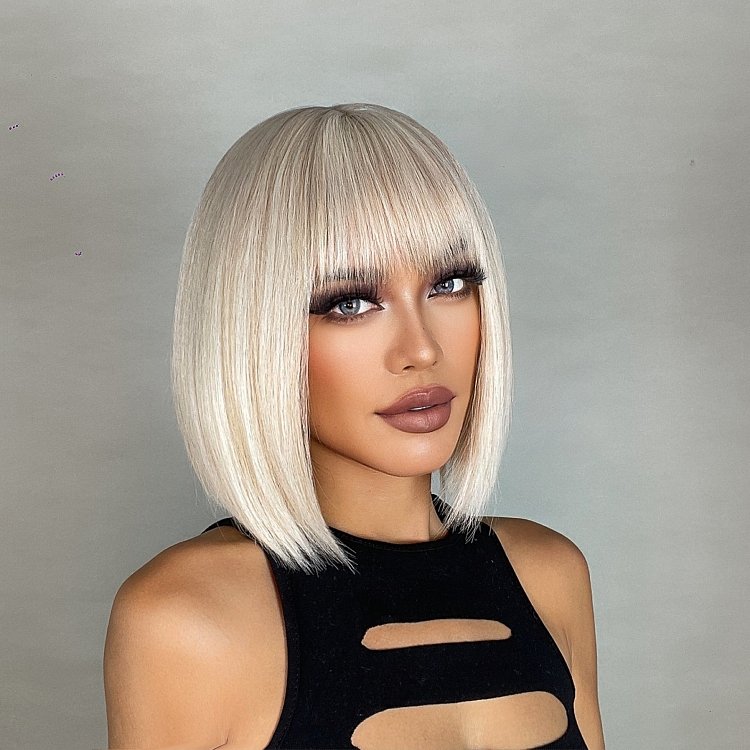 Perucke Synthetisch Blond Glatt Bob mit Pony