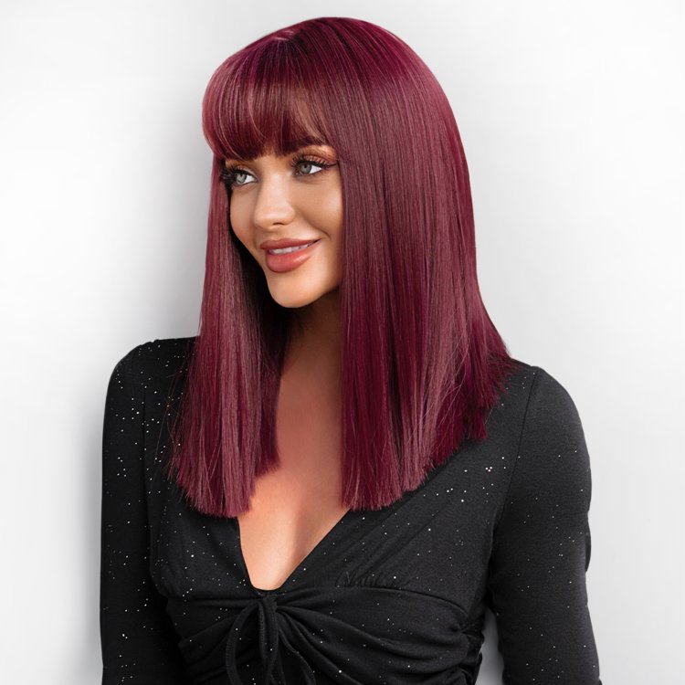 Περούκα Συνθετική Κόκκινο Βουργουνδίας Ίσια Μακρύ Καρέ με Φράντζα