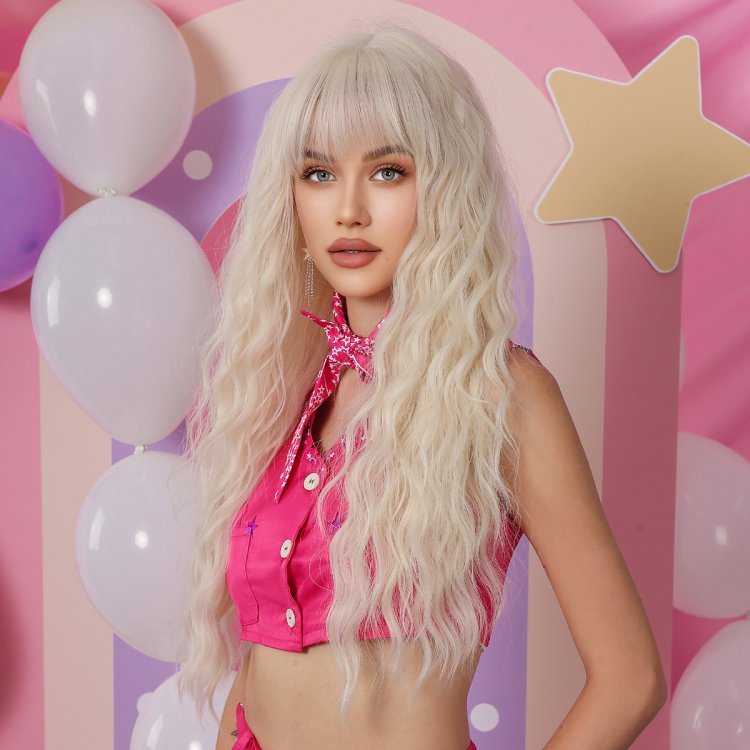 Περούκα Συνθετική Ξανθιά Μακριά Σγουρή με Φράντζα