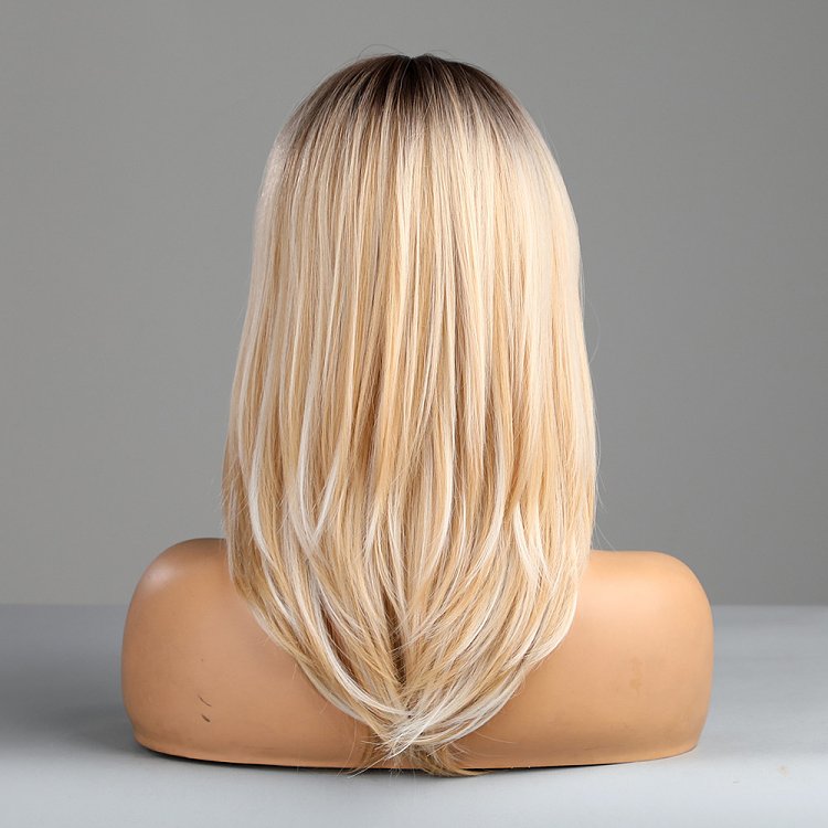 Synthetic Blonde Ombre Long Straight Bob Wig with Bangs