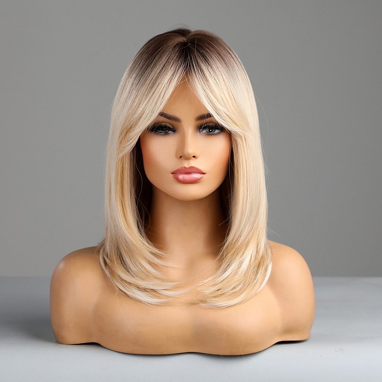 Synthetic Blonde Ombre Long Straight Bob Wig with Bangs