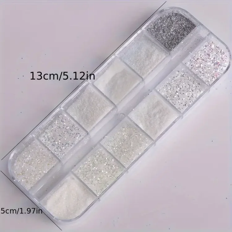 Σετ 12 Λευκές Σκόνες Glitter για Νύχια – Ιριδίζουσα & Ματ Πούδρα για Sugar Effect, Babyboomer & Νυφικό Μανικιούρ