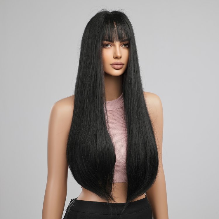 Περούκα Συνθετική Μαύρη Μακριά Ίσια με Φράντζα