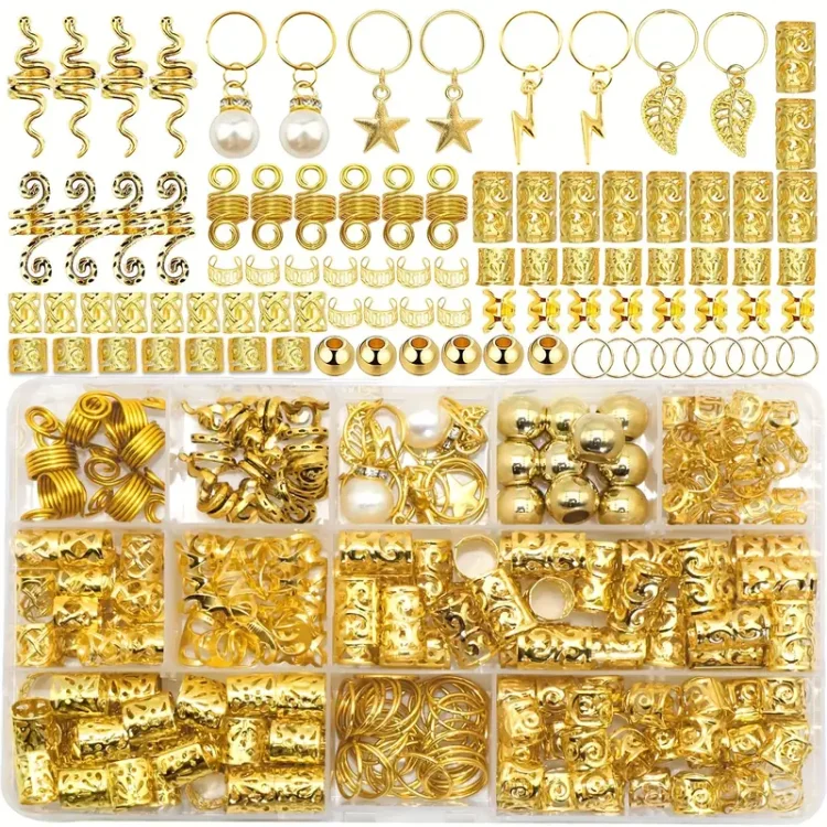 Διακοσμητικά Αξεσουάρ για Ράστα και Πλεξούδες Μαλλιών Χρυσό– Κασετίνα 217τμχ