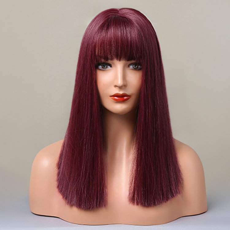 Περούκα Συνθετική Κόκκινο Βουργουνδίας Ίσια Μακρύ Καρέ με Φράντζα