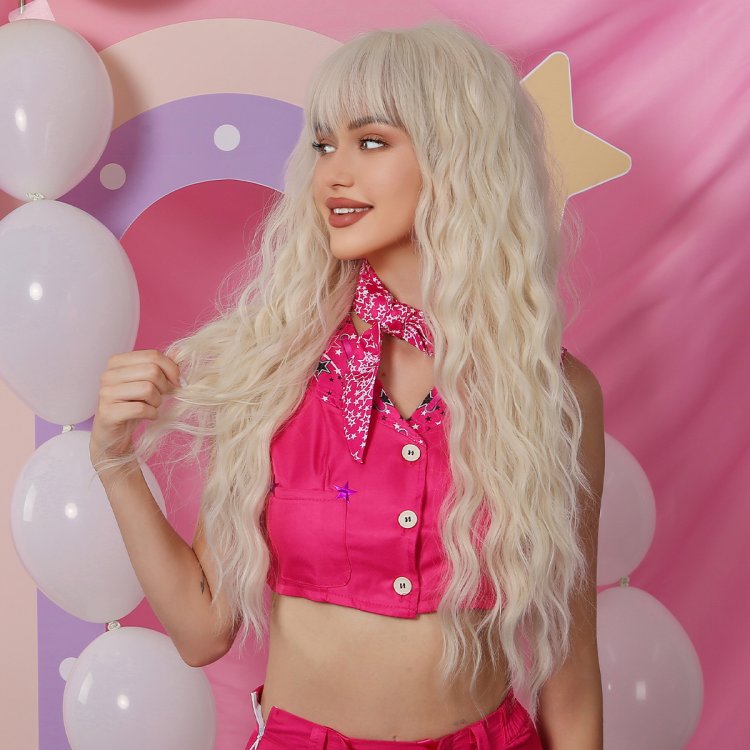 Περούκα Συνθετική Ξανθιά Μακριά Σγουρή με Φράντζα