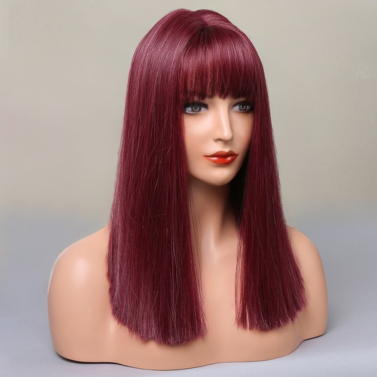 Περούκα Συνθετική Κόκκινο Βουργουνδίας Ίσια Μακρύ Καρέ με Φράντζα