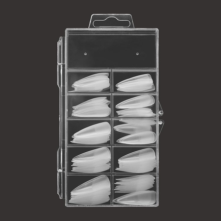 Christian Artesio case with clear soft gel Stiletto tips for natural-looking nail extensions.