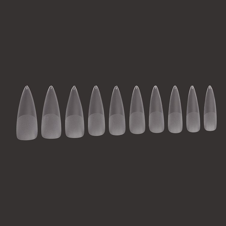 Christian Artesio transparent soft gel tips Stiletto in a storage box with multiple sizes for precise and professional nail application.