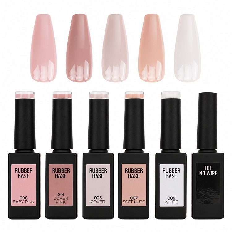 Christian Artesio Set of 5 UV/LED Rubber Base Milky Collection with Free Top No Wipe – black bottles with nail swatches on top matching the color of each polish, on a white background.
