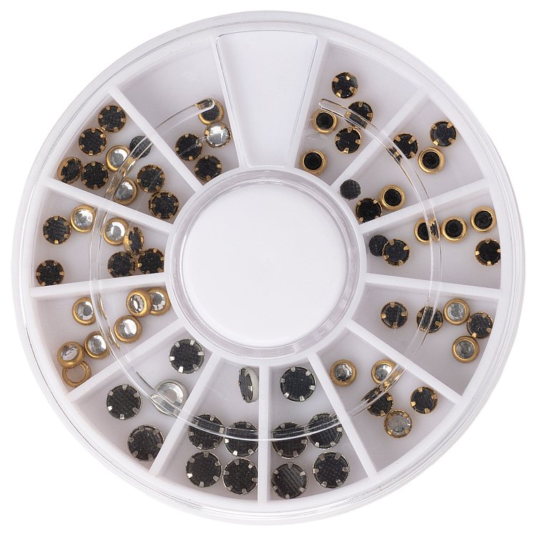 clear nail rhinestones with gold and silver base in nail art wheel