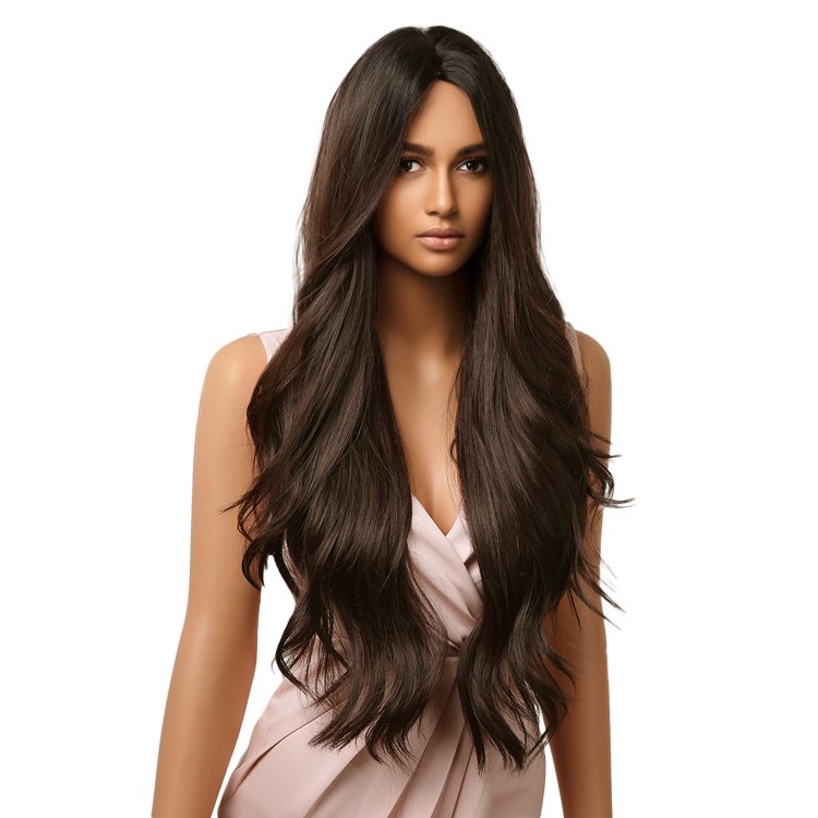 Περούκα Συνθετική Πολύ Σκούρη Καστανή Μακριά Κυματιστή