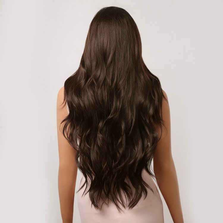 Περούκα Συνθετική Πολύ Σκούρη Καστανή Μακριά Κυματιστή