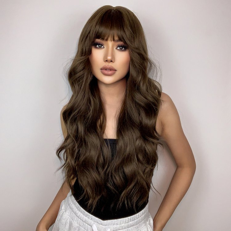 Περούκα Συνθετική Καστανή Μακριά Κυματιστή με Φράντζα