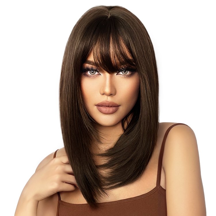 Περούκα Συνθετική Καστανή Ίσια Μακρύ Καρέ με Φράντζα
