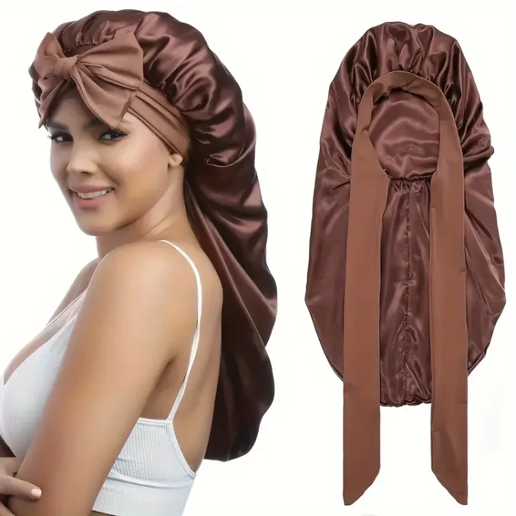 Σατέν Bonnet Σκουφάκι Ύπνου Μακρύ Καφέ για Προστασία Μαλλιών από Φριζάρισμα & Σπάσιμο