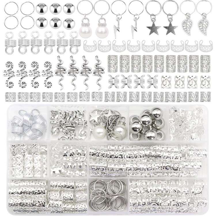 Διακοσμητικά Αξεσουάρ για Ράστα και Πλεξούδες Μαλλιών Ασημί– Κασετίνα 217τμχ