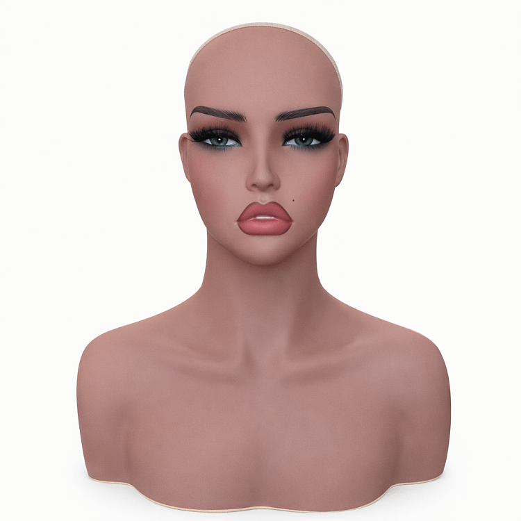 Christian Artesio weiblicher Mannequin-Kopf mit Schultern und Büste in Tan-Farbe zur Präsentation von Perücken.