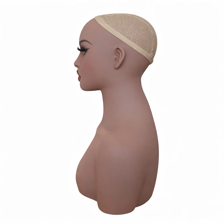 Christian Artesio weiblicher Mannequin-Kopf mit Schultern und Büste in Tan-Farbe in Seitenansicht, ideal zur Präsentation von Perücken.