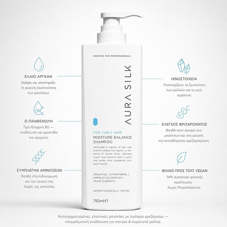 AuraSilk Shampoo für lockiges Haar, Vegan Friendly Formula, weiße 750-ml-Pumpflasche auf weißem Hintergrund mit Infografiken.