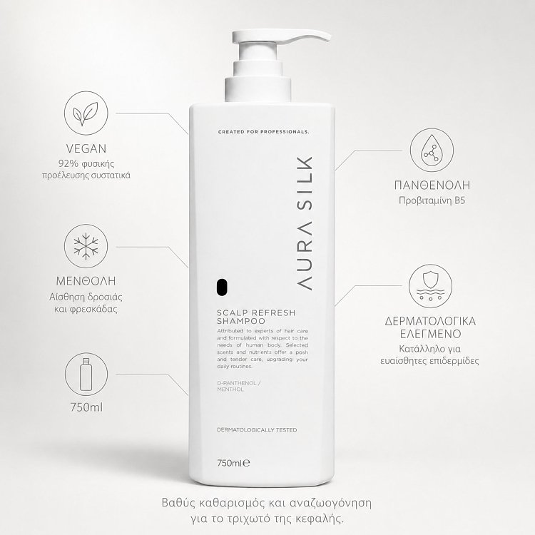 AuraSilk erfrischendes Shampoo, Vegan Friendly Formula, weiße 750-ml-Pumpflasche auf weißem Hintergrund mit Infografiken.