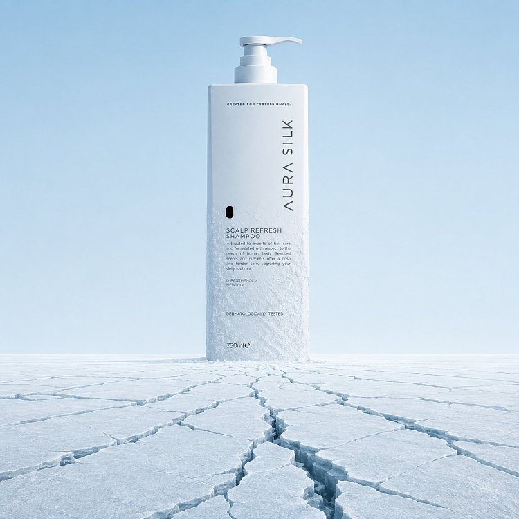 AuraSilk erfrischendes Shampoo, Vegan Friendly Formula, weiße 750-ml-Pumpflasche in einer Eislandschaft.