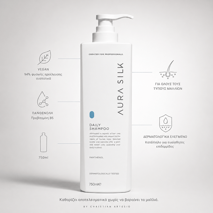 Daily hair care shampoo, Vegan Friendly Formula, white 750ml pump bottle on a white background with infographics.