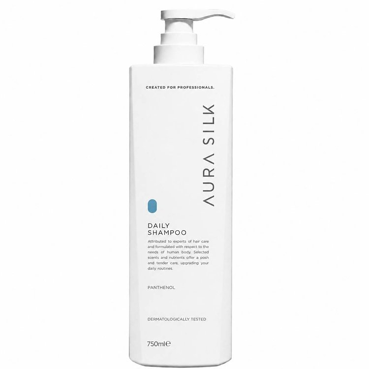 AuraSilk daily hair care shampoo, Vegan Friendly Formula, white 750ml pump bottle.