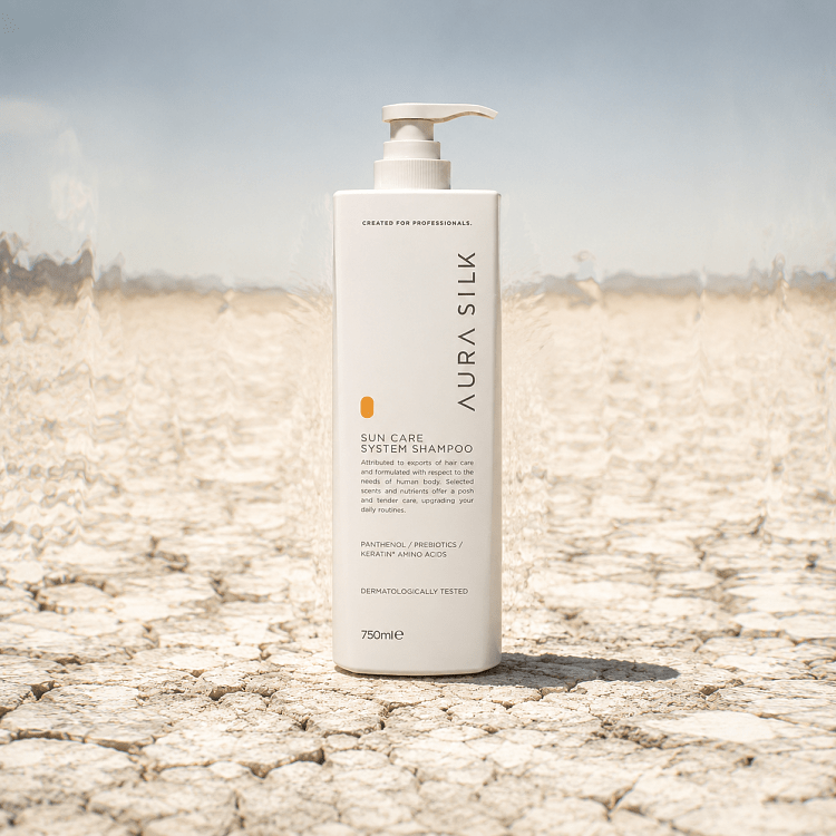 AuraSilk Sun Care System Shampoo 750 ml, weiße Flasche auf trockenem Boden mit Hitzeeffekt.
