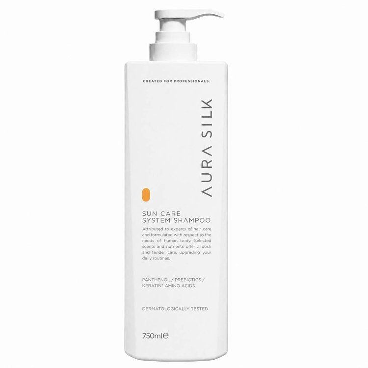 AuraSilk Sonnenschutz Shampoo, Vegan Friendly Formula, weiße 750-ml-Pumpflasche.