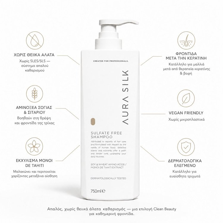 AuraSilk Sulfatfreies Shampoo, vegane Formel, weiße 750-ml-Pumpflasche auf weißem Hintergrund mit Infografiken.