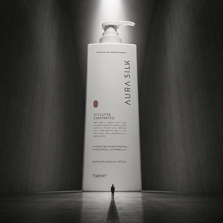AuraSilk Volume Shampoo 750ml, white bottle in an artistic composition highlighting volume with a human figure.