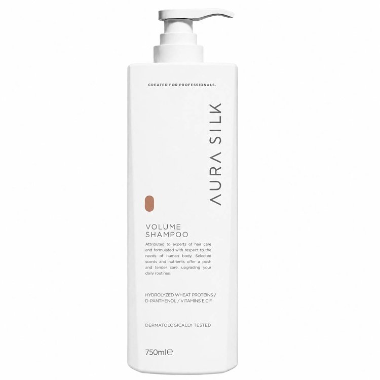 AuraSilk volumizing shampoo, Vegan Friendly Formula, white 750ml pump bottle.