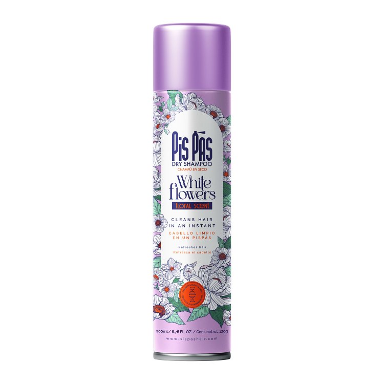 PisPas Dry Shampoo White Flowers Dry Shampoo in a 200ml spray bottle.
