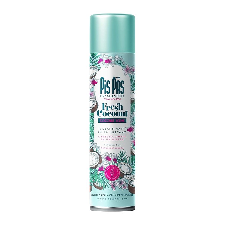 PisPas Dry Shampoo Coconut Dry Shampoo in a 200ml spray bottle.