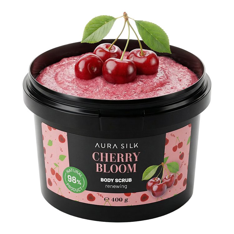 Aura Silk Cherry Bloom Body Scrub 400g in a black jar, open, with fuchsia scrub texture and cherries on the surface.