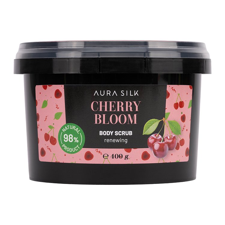 Aura Silk Cherry Bloom Body Scrub 400g refreshing, in a black jar with closed lid.