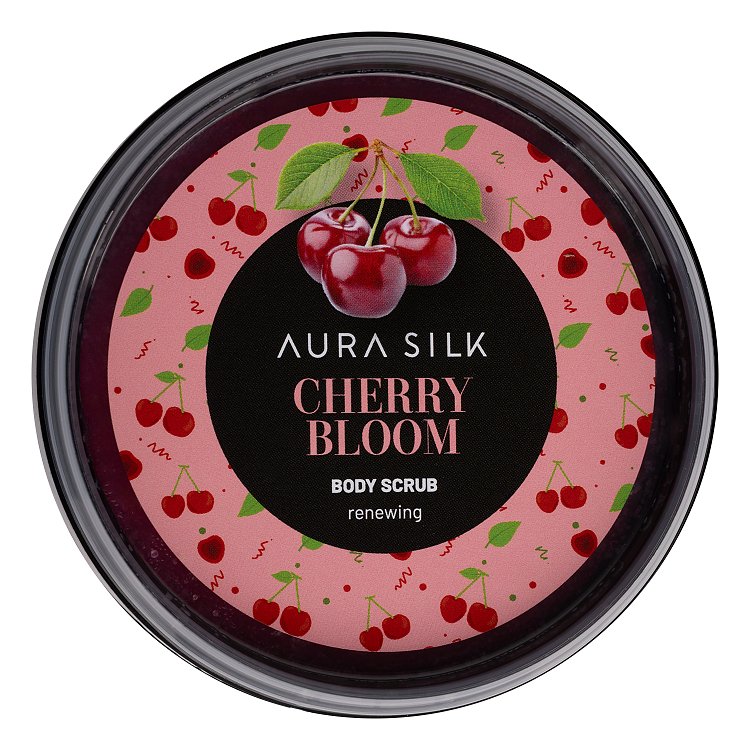 Aura Silk Cherry Bloom Body Scrub 400g with label visible on the lid.