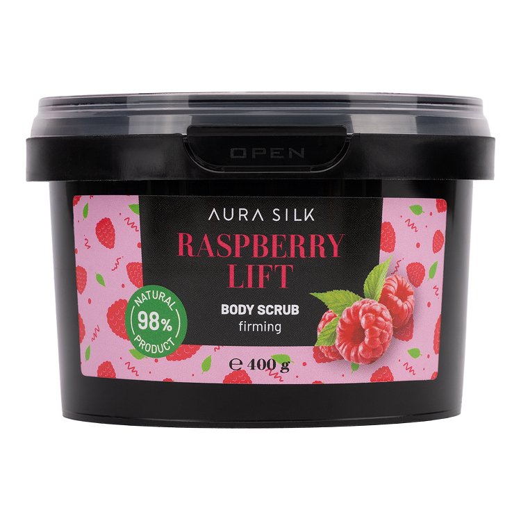 Scrub Σώματος Aura Silk Raspberry Lift 400g συσφικτικό, σε μαύρο βαζάκι κλειστό καπάκι