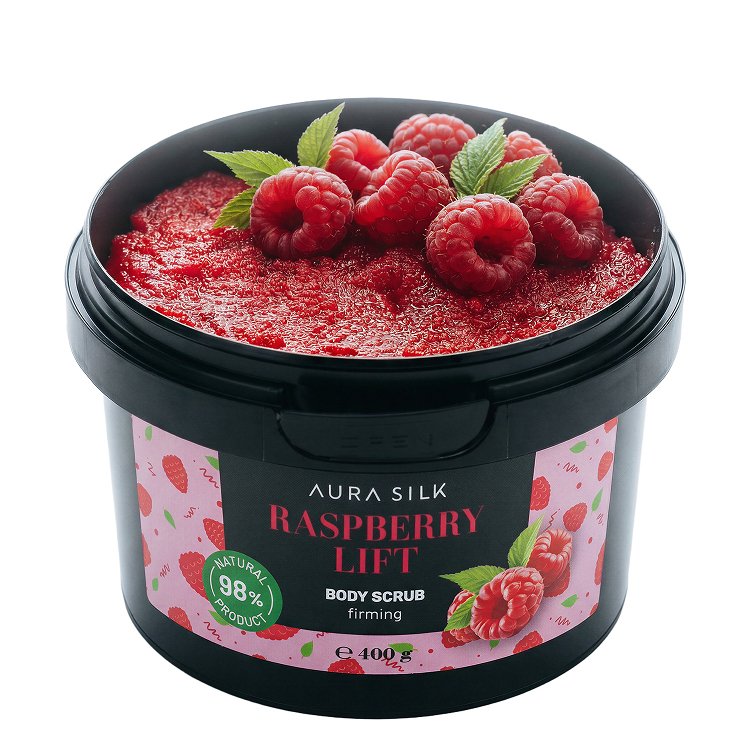 Scrub Σώματος Aura Silk Raspberry Lift 400g συσφικτικό σε μαύρο βαζάκι, ανοιχτό με κόκκινη υφή scrub και βατόμουρα στην επιφάνεια